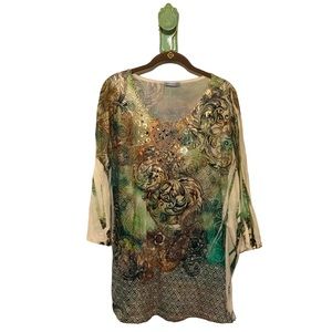 Catherines Tunic Bohemian Lace Metallic Stud Crystal Floral Green Copper Plus XL